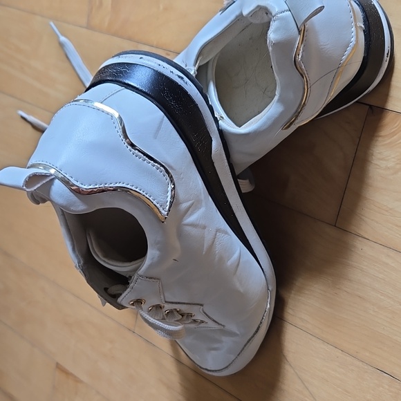 EURO RETRO FAUX LEATHER White GOLD STARS Platform Sneakers with Gold Trim 8.5 - Picture 4 of 12